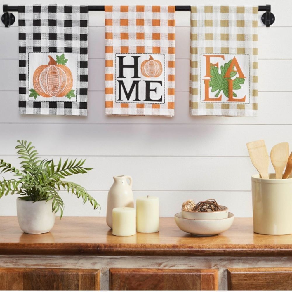 Farmhouse Buffalo Plaid Pumpkin Cotton Tea Towel Set Fall Autumn Cottagecore